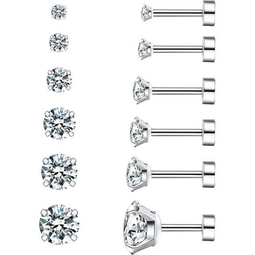 Cubic zirconia stud earrings set hypoallergenic flat back surgical steel